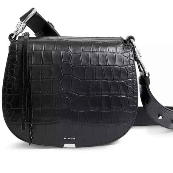 All Saints Handbags - All Saints | Polly Round Medium Leather Crossbody in Black Mock Croc, One Size